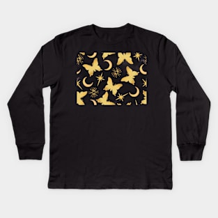 Gold Stamped Butterflies and Sunbursts on Black Kids Long Sleeve T-Shirt